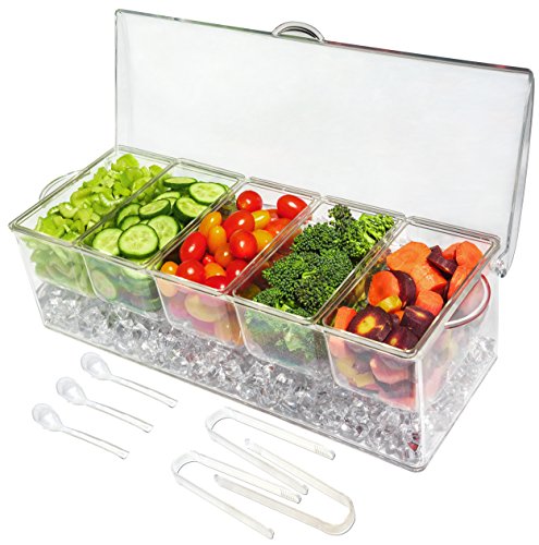 Product Cover Ice Chilled 5 Compartment Condiment Server Caddy - Serving Tray Container with 5 Removable Dishes with over 2 Cup Capacity Each and Hinged Lid | 3 Serving Spoons + 3 Tongs Included