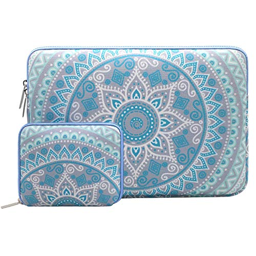 Product Cover MOSISO Laptop Sleeve Bag Compatible with 13-13.3 inch MacBook Pro, MacBook Air, Notebook Computer with Small Case, Canvas Fabric Mandala Pattern Protective Carrying Cover, Mint Green and Blue
