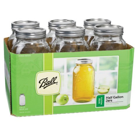 Product Cover Ball Wide Mouth 1/2 Gal. Glass Jars 6 Pack | Includes lids with Bands (64 OZ)