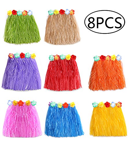Product Cover jollylife 8PCS Hawaiian Luau Hula Skirts - Grass Hibiscus Flowers Birthday Tropical Party Decorations Favors Supplies
