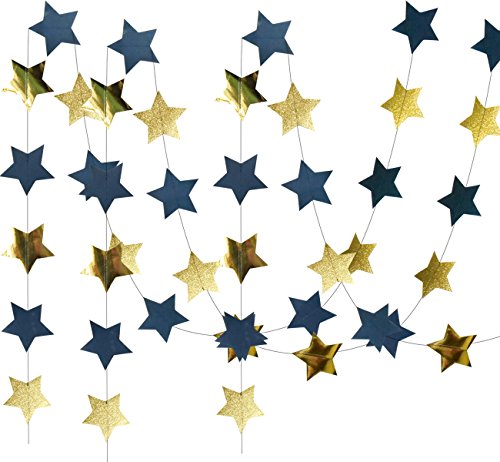 Product Cover Furuix Outer Space Decorations Birthday Party Decorations 2pcs Navy Blue Glitter Gold Paper Star Garlands Star String for Baby Shower Decorations