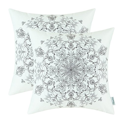 Product Cover CaliTime Pack of 2 Cozy Fleece Throw Pillow Cases Covers for Couch Bed Sofa Vintage Mandala Snowflake Floral 20 X 20 Inches Grey