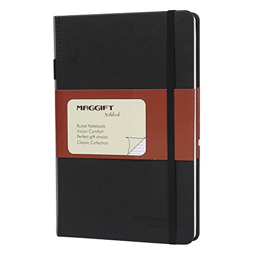 Product Cover Maggift Hardcover Notebook, Thick Classic Notebook with Pen Loop - Ruled Hardcover, Fine PU Leather, 240 Pages, 8.5 x 5.7 in, Black