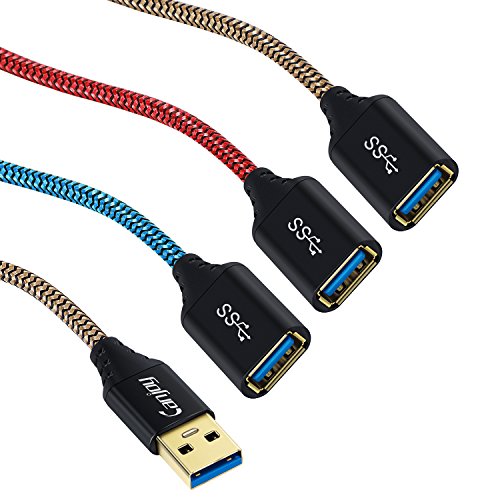 Product Cover USB Extension, Canjoy 3 Pack 6ft USB 3.0 Extension Cable Braided USB Extender Cord A Male to A Female Fast Data Transfer Compatible Oculus VR,PS4,Xbox,Mouse,Keyboard,Printer,Scanner-Red Gold Blue