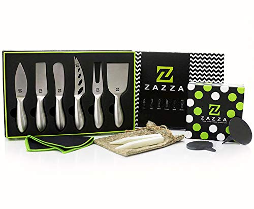 Product Cover Zazza Premium 6-Piece Cheese Knife Set PLUS 5 Cheese Markers Set 2 Soapstone Chalks with Gift Box Perfect for Charcuterie Boards Wine and Cheese Parties