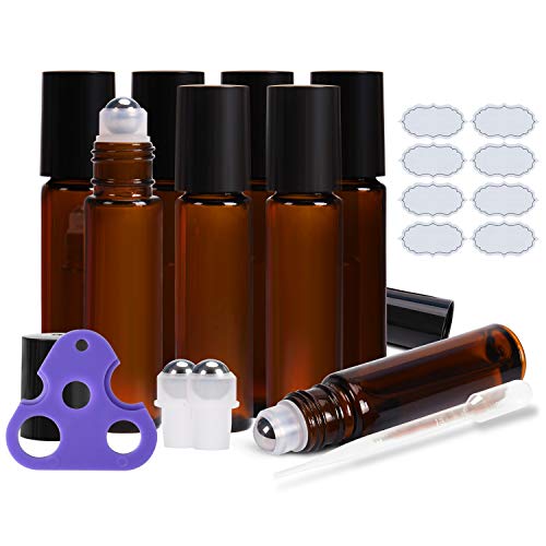 Product Cover Roll on Bottles 10ml Amber Glass Empty Bottles 8 Piece ULG with Stainless Steel Roller Ball 2 Extra Balls 8 Piece Waterproof Labels 1 Opener and Dropper for Essential Oils