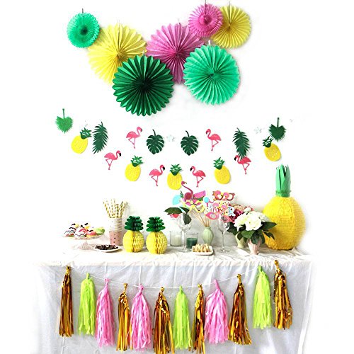 Product Cover SUNBEAUTY Summer Party Decoration Kit Paper Fans Tropical Party Flamingos and Pineapples Banners Tassel Garlands Hawaiian Luau Beach Supplies 31 Piece