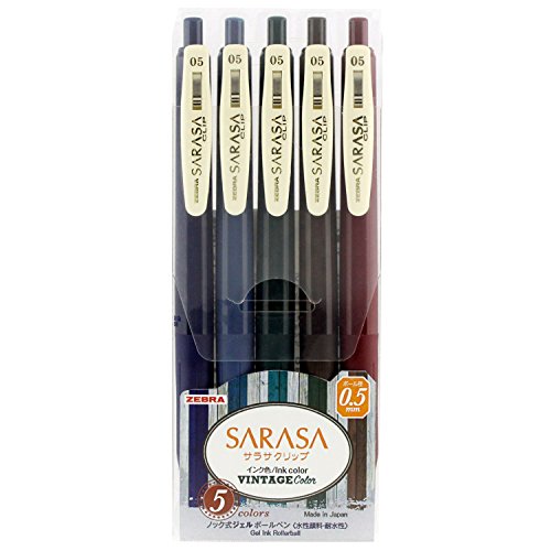 Product Cover Zebra Sarasa Clip 0.5 Retractable Gel Ink Pen, Rubber Grip, 0.5 mm, Vintage Colors, 5 Color Ink (JJ15-5C-VI)