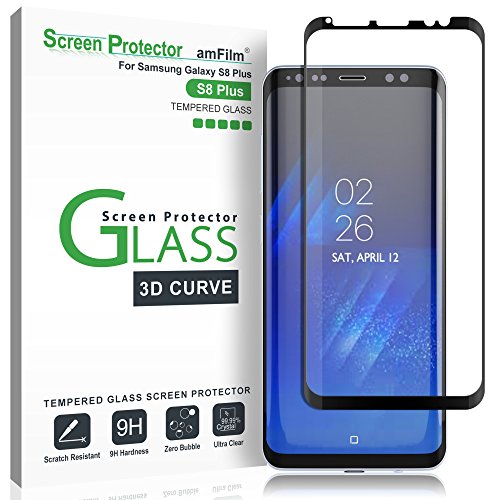 Product Cover amFilm Glass Screen Protector for Samsung Galaxy S8 Plus, 3D Curved Tempered Glass, Dot Matrix with Easy Installation Tray, Case Friendly (Black)