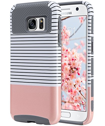 Product Cover ULAK S7 Case, Galaxy S7 Case, Hybrid Case for Samsung Galaxy S7 2016 Release 2-Piece Dual Layer Style Hard Cover (Minimal Rose Gold Stripes+Grey) Will not Fit S7 Edge