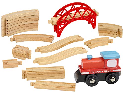Product Cover Dragon Drew 24 Piece Wooden Train Set - Compatible with Brio, Thomas, Chuggington and All Major Brands - Accessories and Expansion Kit Includes 22 Tracks, a Bridge and 1 Engine Car