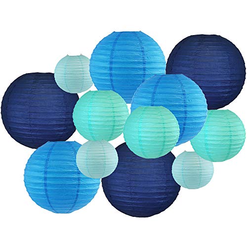 Product Cover Just Artifacts Decorative Round Chinese Paper Lanterns 12pcs Assorted Sizes & Colors (Color: Blues)