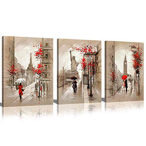Product Cover CANVASZON Paris Decor Canvas Prints Paris Street Painting Eiffel Tower Oil Painting Romantic Couple Walking in Rain New York Wall Art for Living Room Decoration