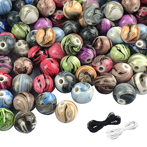 Product Cover SHAN RUI 300pcs 8mm Multi Color Acrylic Round Loose Beads in Ink Patterns with 1 Black and 1 White Cord for Bracelets Jewelry Making