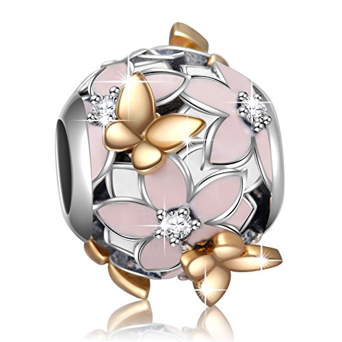 Product Cover 925 Sterling Silver Enamel Magnolia Bloom Charms with Gold Plated Butterfly for European Snake Chain Bracelets