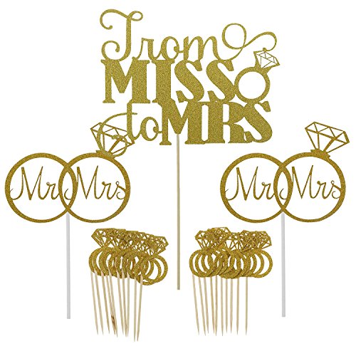Product Cover Shxstore Gold Mr Mrs Cake Topper Diamond Ring Cupcake Picks For Wedding Bridal Shower Engagement Decorations Supplies, 23 Counts