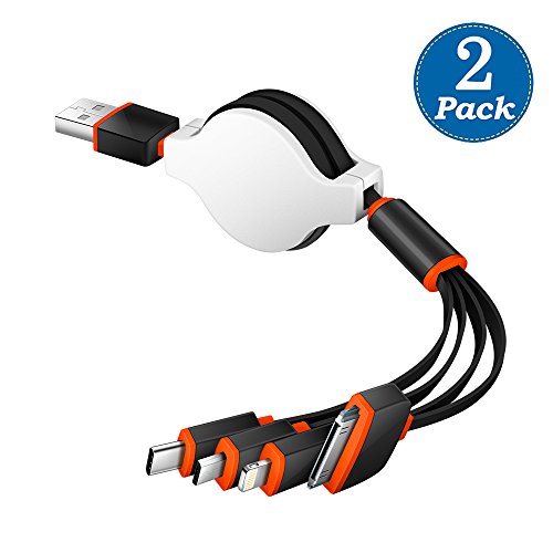 Product Cover KINGBACK Multi USB Charging Cable 2 Pack Retractable 4 in 1 Multifunctional Universal USB Charger Cable Adapter Connector with Type C/Micro USB Port for Cell Phones Tablets and More