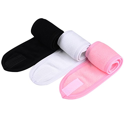 Product Cover Spa Facial Headband Whaline Make Up Wrap Head Terry Cloth Winter Headband Adjustable Towel with Magic Tape, 3 Pieces (White, Black, Pink)