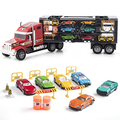 Product Cover Prextex 24'' Detachable Carrier Truck Toy Car Transporter with Rubber Wheels & 6 Toy Cars Toys for Boys & Girls Red and Black