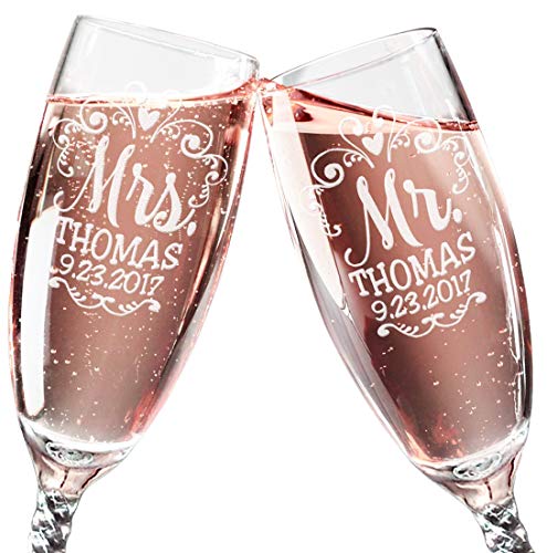 Product Cover Mr Mrs Wedding Reception Celebration Twisty Stem Champagne Glasses Set of 2 Couples Newlywed Married Gift Groom Bride Husband Wife Anniversary Engraved CLEAR Flute Glass Favors (Personalized)