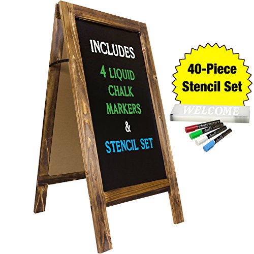 Product Cover Excello Global Products Large Sturdy Handcrafted Wood Rustic A-Frame Chalkboard Display with 4 Liquid Chalk Markers and Stencil Set (40 x 20 Inches)