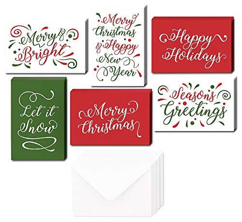 Product Cover 48 Pack of Christmas Winter Holiday Family Greeting Cards - Assorted Christmas Greetings Red Green Design - Boxed with 48 Count White Envelopes Included - 4.5 x 6.25 Inches