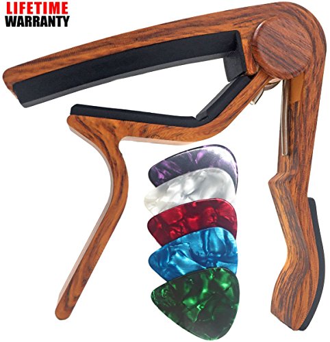 Product Cover WINGO Wooden Guitar Capo for 6-String Acoustic Electric Guitars,Bass,Ukulele -Rosewood Free 5 Picks