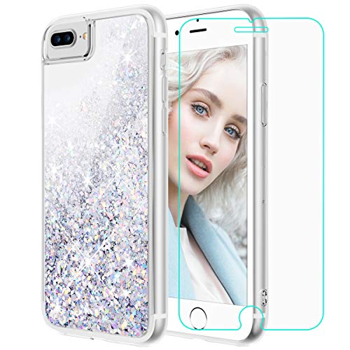Product Cover Maxdara iPhone 8 Plus Case, iPhone 7 Plus Glitter Liquid Case with Screen Protector Floating Bling Sparkle Luxury Pretty Girls Women Case for iPhone 6 Plus 6s Plus 7 Plus 8 Plus (Silver)