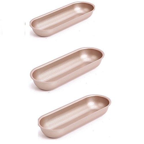 Product Cover Hot Dog Bun Pan Hotdog Bread Mould Non Stick Bakeware 7 inch Oval Gold Set Of 3pcs