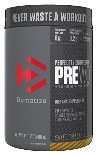 Product Cover Dymatize PreW.O., Pre Workout Powder with Caffeine, Maximize Energy, Strength & Endurance, Amplify Intensity of Workouts, Sweet Cherry Lime, 400g
