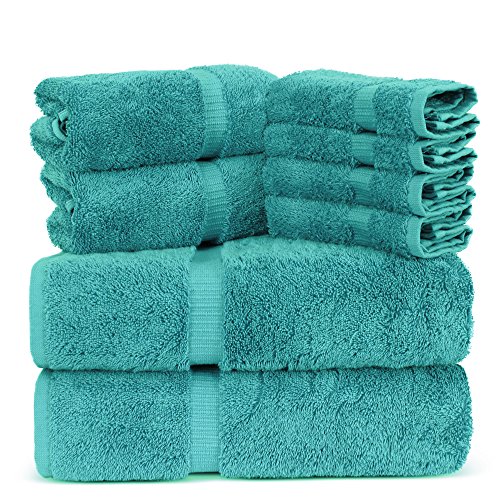 Product Cover Towel Bazaar Luxury Hotel and Spa Quality Dobby Border 100% Turkish Cotton Eco-Friendly and Highly Absorbent Towel Set (Set of 8, Aqua Blue)
