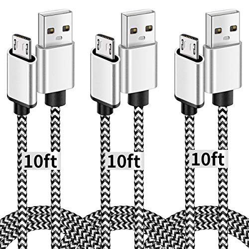 Product Cover Micro USB Cable 10ft,[3 Pack] Extra Long Fast Charging Cord Nylon Braided High Speed USB 2.0 Durable Android Cable for Samsung S6/S7/S3/S4, HTC,Kindle Fire,Nexus,Echo Dot(2nd Generation)-Black&Whit