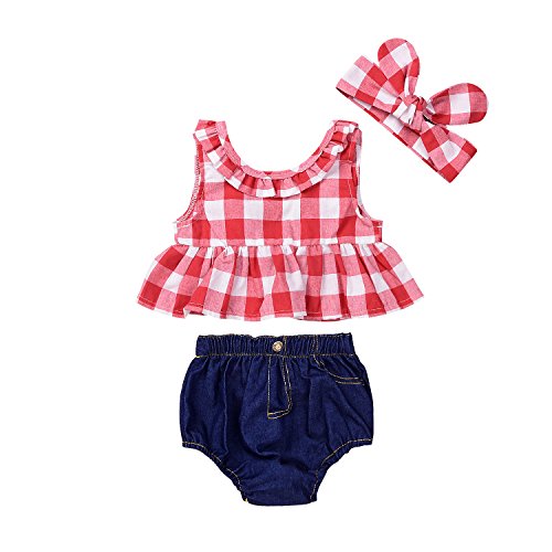 Product Cover Baby Girls Plaid Ruffle Bowknot Tank Top+Denim Shorts Outfit with Headband
