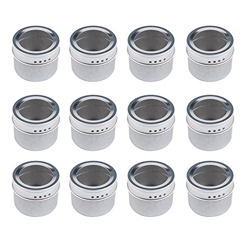 Product Cover Bekith 12 Pack Magnetic Spice Tins Multi-Purpose Storage Tin, Clear Top Lid with Sift or Pour, Magnetic on Refrigerator and Grill. Includes 144 PVC Spice Label Set