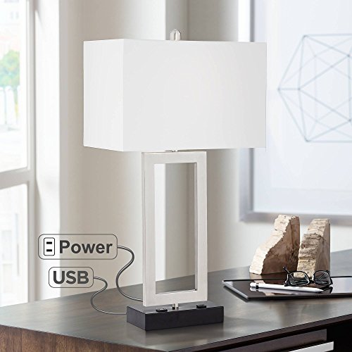 Product Cover Todd Modern Table Lamp with Hotel Style USB and AC Power Outlet in Base Steel Open Rectangle White Shade for Bedroom Office - 360 Lighting