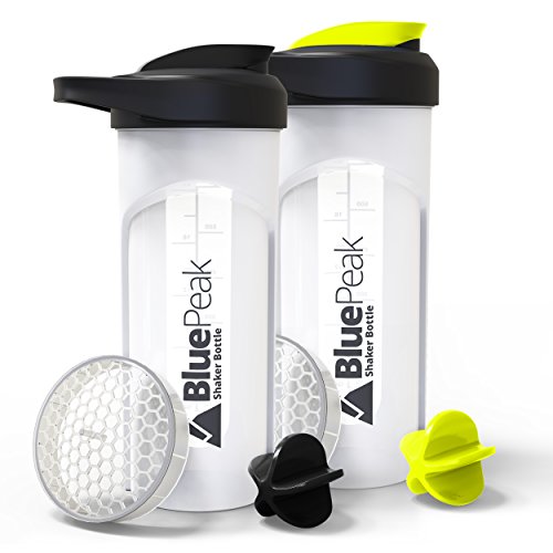 Product Cover BluePeak Protein Shaker Bottle 28-Ounce, 2-Pack, with Dual Mixing Technology. BPA Free, Shaker Balls & Mixing Grids Included (Yellow-Black)
