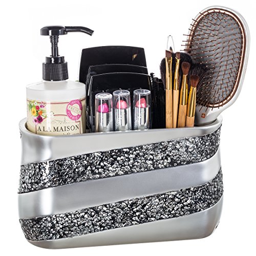 Product Cover DWELLZA Silver Mosaic Bathroom Counter Vanity Organizer, Countertop Cosmetic Makeup Holder Hair Brush Caddy Hair Accessories Storage, 3-Compartments Decorative Bath Organization (Silver Gray)