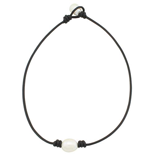 Product Cover Single A Womens Pearl Necklace Cord - Braided June Birthstone Rice Pearl Stone String Leather Necklace Wholesale Simple Diy With Genuine Black Leather Cord Jewelry for Women Teen Girls Mom 16 Inch