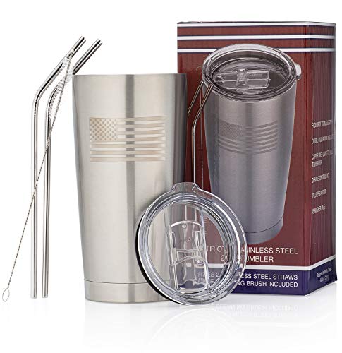 Product Cover OUTZIE Vacuum Insulated American Flag Tumbler 20oz Built From 100% Food Grade Stainless Plus 2 Straws & Brush - Hot or Cold - Etched American Flag Logo - will last a lifetime - Dishwasher Safe