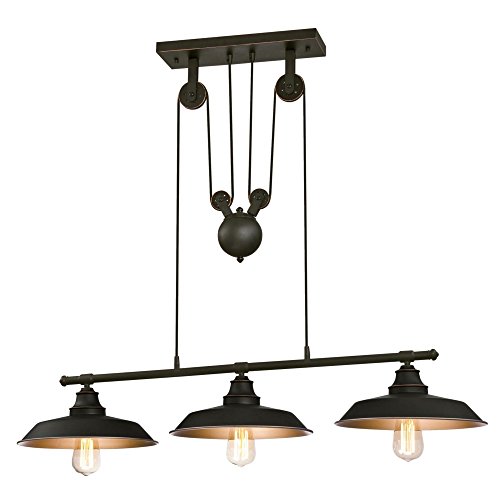 Product Cover Westinghouse Lighting 6332500 Iron Hill Three-Light Indoor Island Pulley Pendant, Oil Rubbed Finish with Highlights and Metallic Bronze Interior, 3
