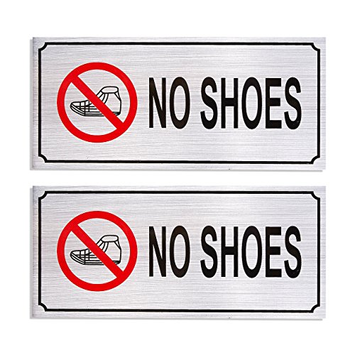 Product Cover 2-Pack No Shoes Signs - Remove Shoes Wall Plates, Self-Adhesive Aluminum Sign for Wall or Door, Silver - 7.87 x 3.6 Inches