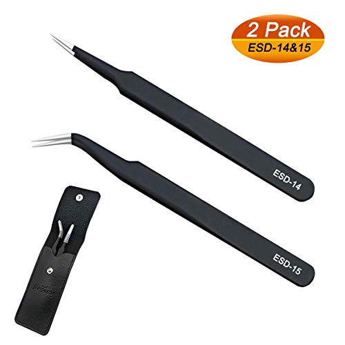 Product Cover ESD Anti static Precision Electronics Tweezers tools Kit, Non Magnetic Multi-standard Stainless Steel Tweezer Set for Electronics Jewelry-making Repairing and cell phone repair,2pack (ESD-14&15)