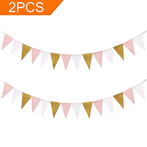 Product Cover MF2FLAY Glitter Paper Banner, 20 Feet Triangle Sparkling Garland with 15PCS Pennants, Perfect Hanging Decoration for Wedding, Baby Shower and Party Supplies - 2PCS x10 Feet (Pink+White+Gold)