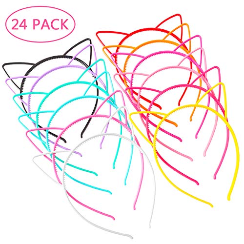Product Cover Unomor 24PCS Plastic Cat Ears Headband for Cat Birthday Party Supplies and Daily Decorations, 12 Colors