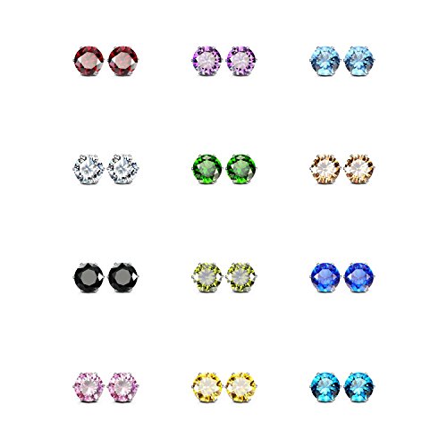 Product Cover JewelrieShop Girl Stud Earrings Set Tiny Small Colorful Earings Stainless Steel Post Earrings Hypoallergenic CZ Birthstone Ear Studs (12 Pairs,4mm)