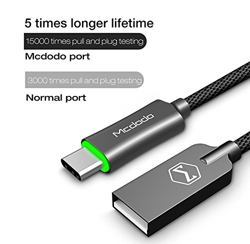 Product Cover USB Type-C Smart LED Auto Disconnect Quick Charge Data 3.2FT/1M Cable QC 3.0 for for Samsung Galaxy S8, S8+, The New MacBook,Google Pixel,Nexus 6P,LG V20 G5,HTC 10 & More by Mcdodo (Dark Gray)