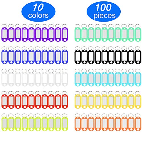 Product Cover YUEAON 100 Pack Tough Plastic Key Tags with Label Window ID Luggage tag with Split Ring Key Ring Keychain,10 Colors