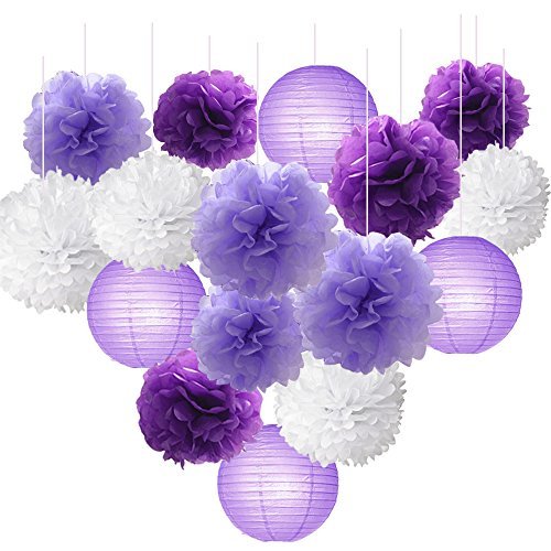 Product Cover 16pcs Tissue Paper Flowers Ball Pom Poms Mixed Paper Lanterns Craft Kit for Lavender Purple Themed Birthday Party Decor Baby Shower Decor Bridal Shower Decor Wedding Party Decorations