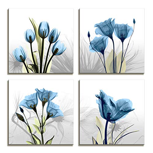 Product Cover Moyedecor Art - 4 Panel Elegant Tulip Flower Canvas Print Wall Art Painting for Living Room Decor and Modern Home Decorations (Four 12X12in, Blue Flower)