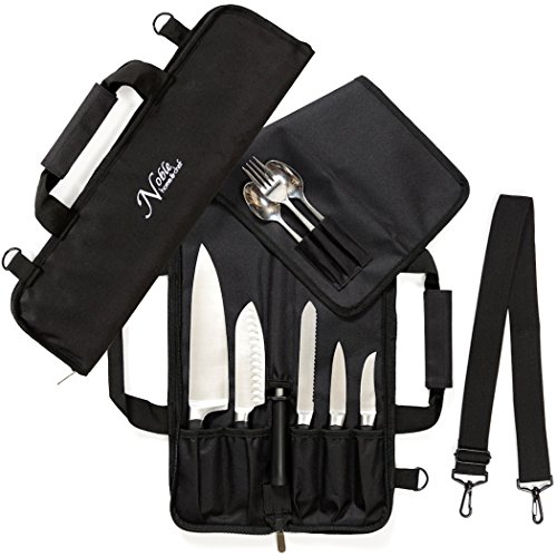 Product Cover Chef Knife Roll Bag (6 slots) is Padded and Holds 5 Knives PLUS a Protected Pouch for Your Knife Steel! Our Durable Knife Carrier Includes Shoulder Strap, Handle, and Business Card Holder. (Bag Only)